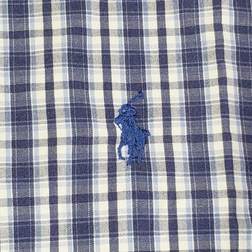 Polo Ralph Lauren Shirt Oxford Button Down SS Mens Size Medium Plaid Blake Blue